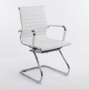 Modern White Ribbed Leather Low-Back Cantilever Guest Chair
