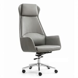 Modern High-Back Winged Executive Chair in Dove Grey Leather